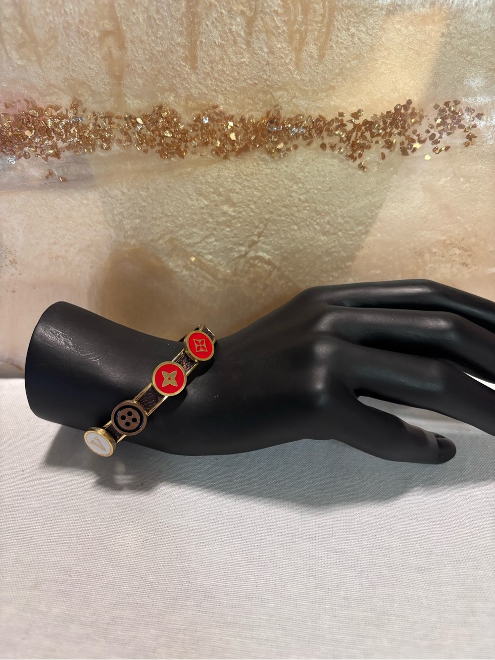 Inspired Red and Gold Button Link Bangle Bracelet